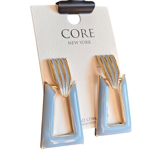 Statement Geometric Drop Earrings Gold Blue Enamel Modern 1.6" Dangle New CORE - Picture 3 of 8